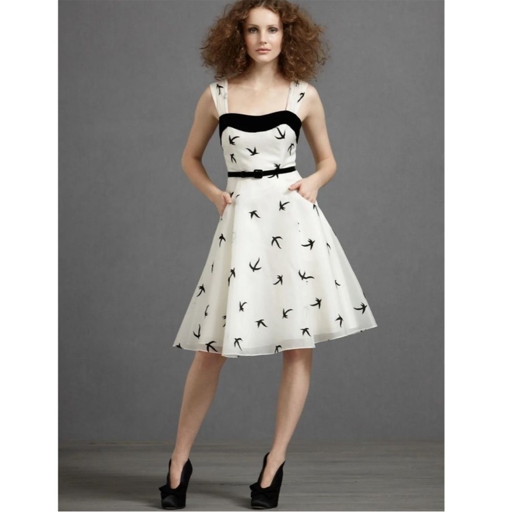BHLDN Anthro Dress Hitherto Floating Flock Bird Silk Organza Velvet Fit Flare
